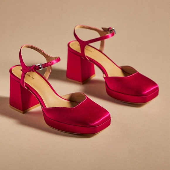 NIB Reformation Marisol Platform Heel 8.5 Rhubarb Magenta Fuschia Satin - Picture 2 of 11